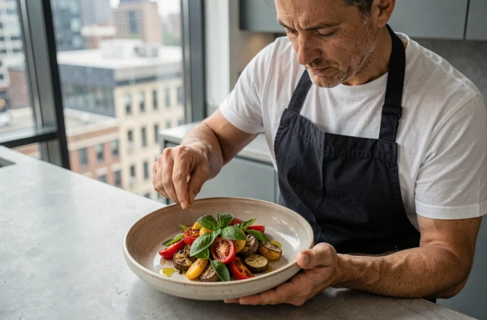 Homme dressant une salade composée colorée avec légumes rôtis et herbes fraîches dans une cuisine moderne
