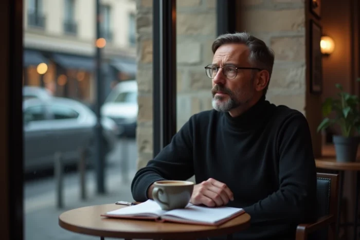 Éditeur pensif attablé dans un café parisien avec carnet et café, symbolisant l'équilibre entre vie privée et carrière médiatique publique