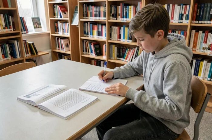 Élève de collège en 5ème consultant un corrigé de rédaction PDF à la bibliothèque scolaire tout en rédigeant ses exercices dans un cahier