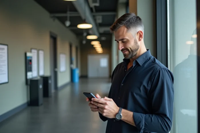 Employé masculin utilisant son téléphone personnel dans le couloir d'un bureau au Québec pendant une pause
