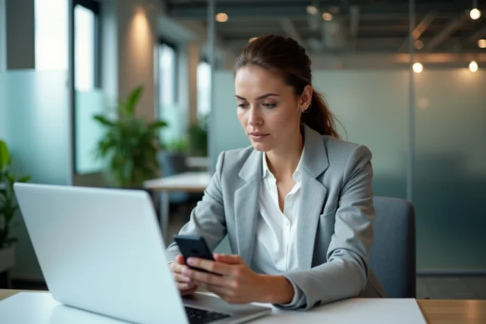 Employée québécoise consultant son téléphone personnel au bureau dans un environnement de travail professionnel moderne