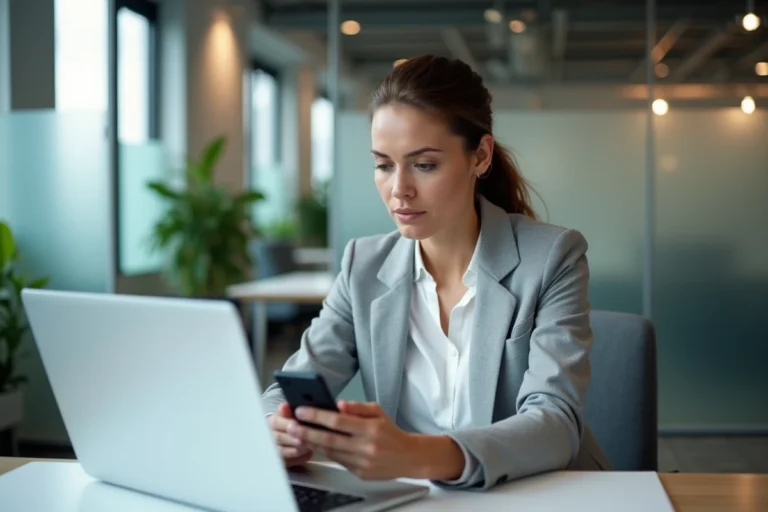Employée québécoise consultant son téléphone personnel au bureau dans un environnement de travail professionnel moderne
