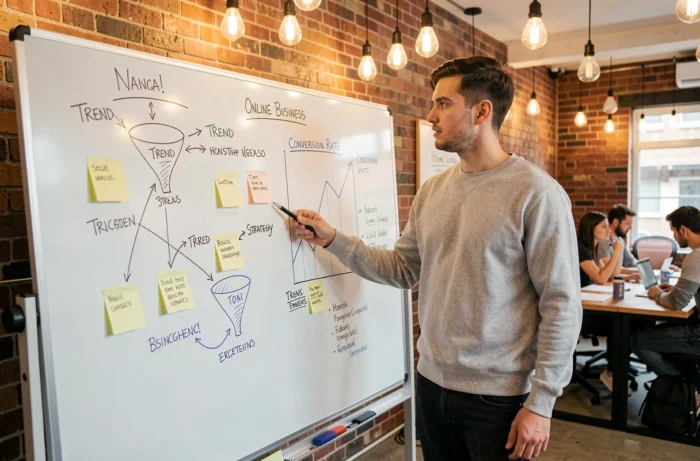 Jonge ondernemer die een strategie voor digitale trends presenteert op een whiteboard in een coworkingruimte