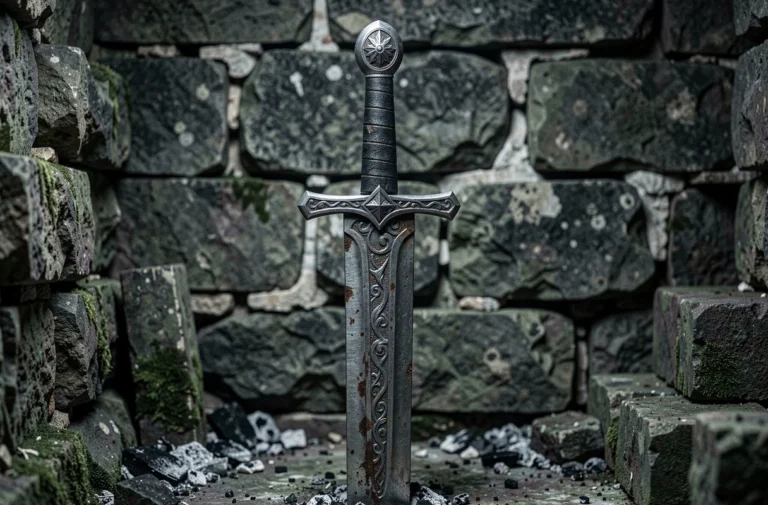Épée gothique médiévale gravée appuyée contre un mur de pierre dans un donjon sombre, évoquant l'univers des armes de Bloodborne