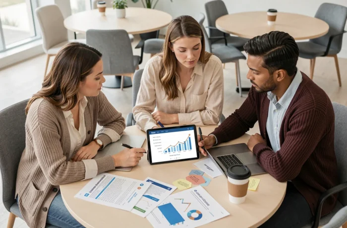 Professioneel team dat een groeirapport voor online business analyseert rond een tafel in een moderne vergaderruimte