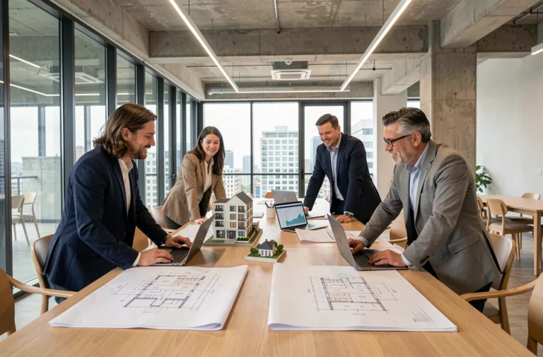 Équipe immobilière innovante analysant des plans de développement autour d'une table de réunion moderne avec maquettes et données