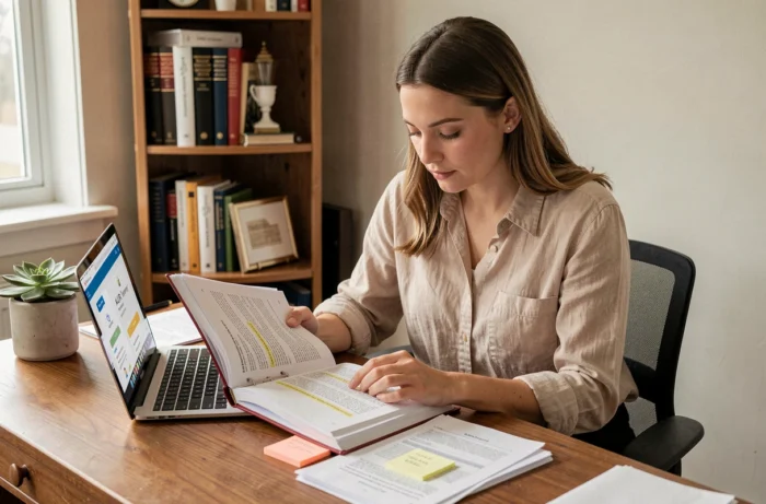 Agente immobilière étudiant seule la loi ALUR et la gestion des conflits dans un bureau à domicile