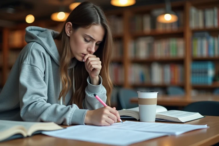 Étudiante universitaire consultant des résultats d'examens avec une expression inquiète, entourée de documents académiques dans une bibliothèque