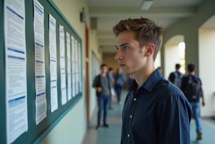 Étudiant masculin lisant attentivement les résultats affichés sur un tableau d'affichage universitaire, cherchant à comprendre son statut d'ajourné ou défaillant
