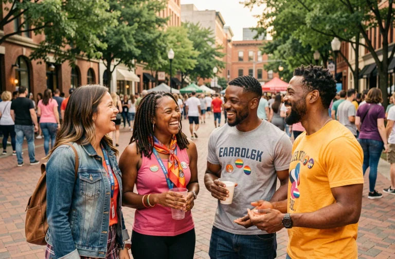 Groupe de personnes diversifiées souriant ensemble lors d'un événement communautaire LGBTQIA+ en plein air