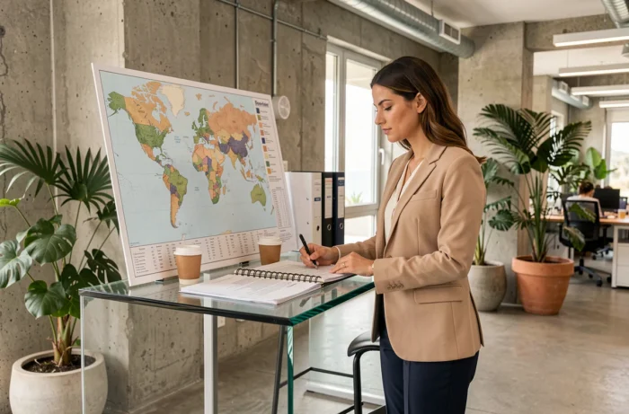 Femme d'affaires étudiant une carte mondiale des paradis fiscaux dans un espace de coworking international
