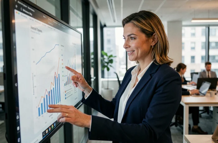 Femme d'affaires analysant des tendances business sur un écran interactif dans un bureau moderne en 2024