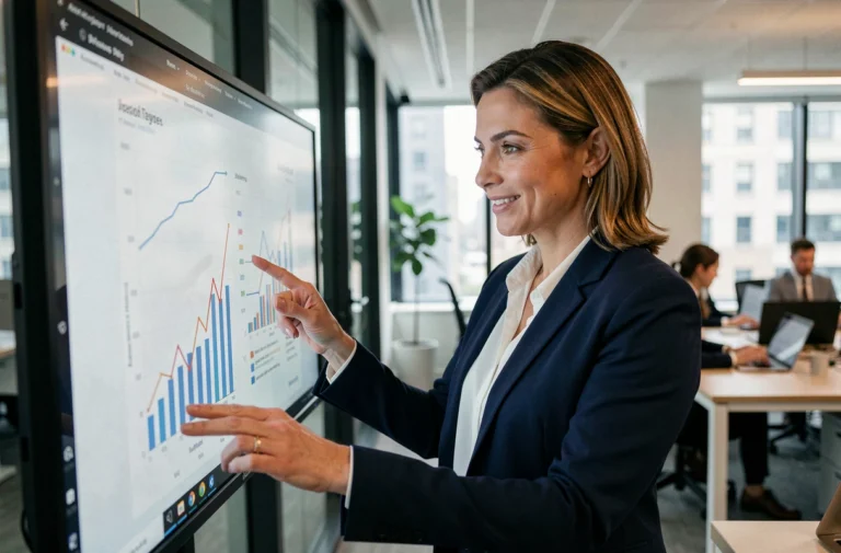 Femme d'affaires analysant des tendances business sur un écran interactif dans un bureau moderne en 2024