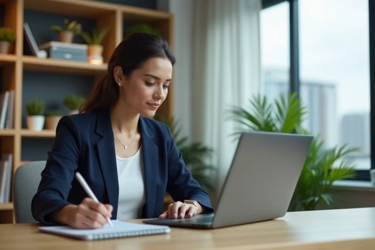 Femme concentrée analysant des résultats sur ZalentraPro sur son ordinateur portable dans un bureau moderne