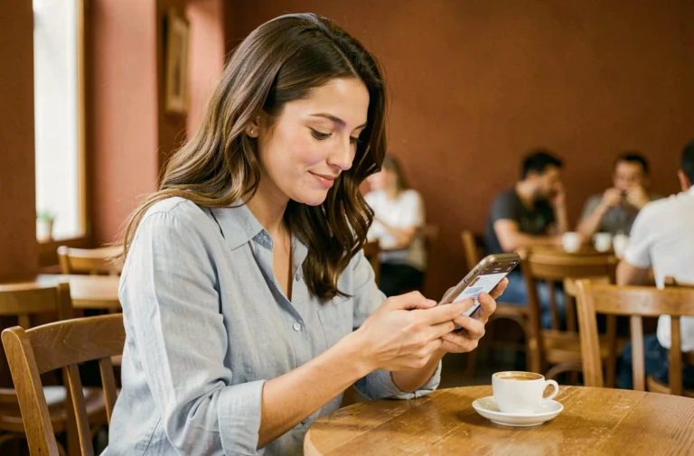 Femme consultant une application de rencontre sur son smartphone dans un café, sourire discret et regard concentré sur l'écran