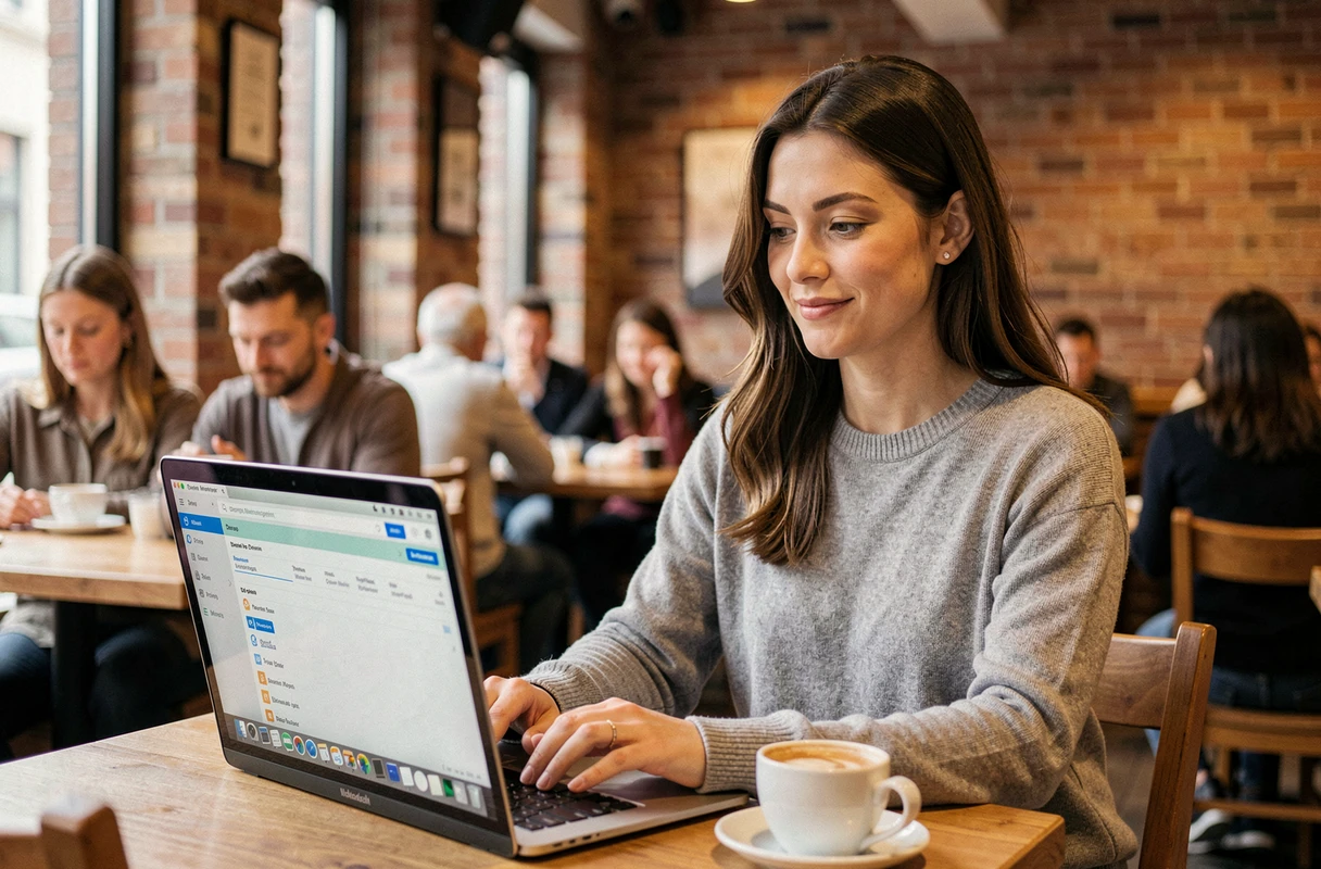 Femme travaillant sur le transfert d'un nom de domaine depuis un café avec son MacBook ouvert