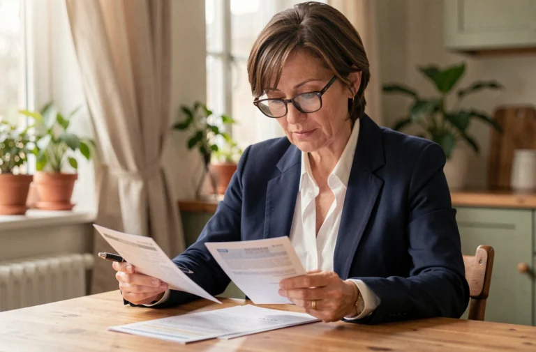 Femme d'une quarantaine d'années comparant des documents de mutuelle santé à la maison, stylo en main