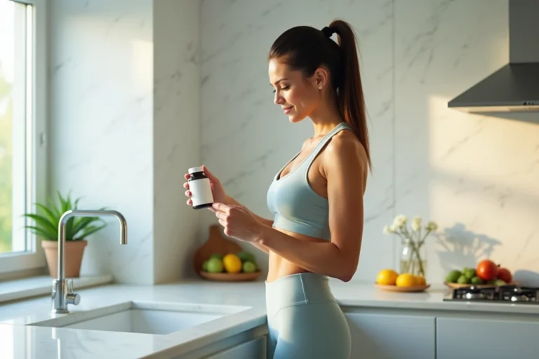 Femme active tenant un complément minceur FitBodyCurve dans une cuisine moderne saine
