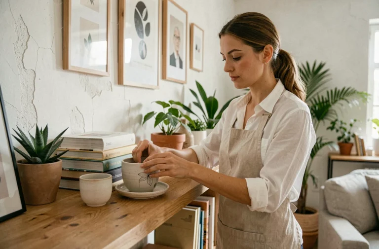 Femme arrangeant des objets décoratifs sur une étagère en bois dans un salon scandinave moderne