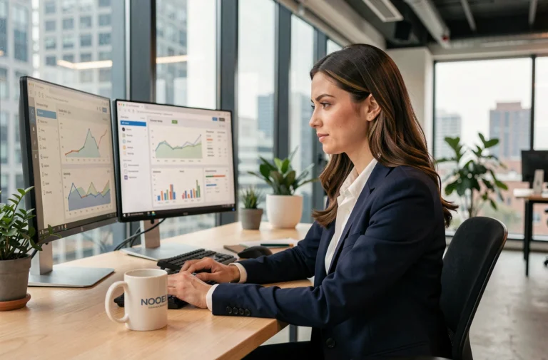 Femme entrepreneur analysant des tableaux de bord e-commerce sur des écrans dans un bureau moderne pour booster son business en ligne