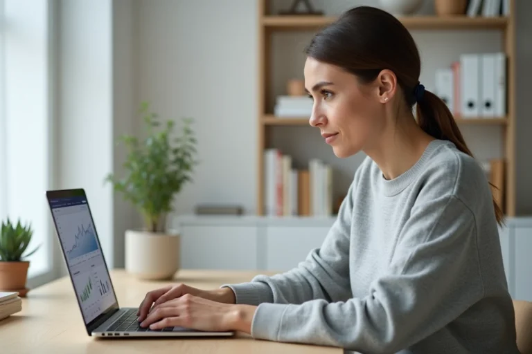 Femme entrepreneur travaillant sur son ordinateur portable avec des graphiques de revenus en ligne affichés sur l'écran dans un bureau minimaliste à domicile