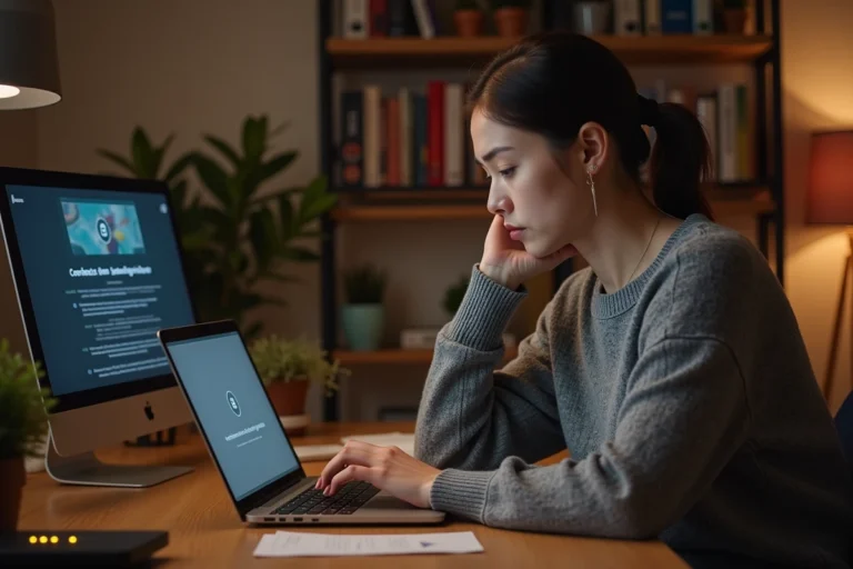 Femme frustrée devant un écran d'erreur de connexion sur son ordinateur portable à domicile
