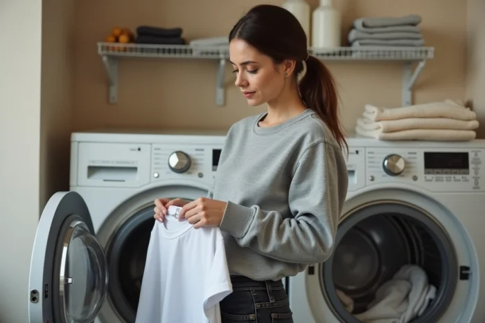 Femme consultant l'étiquette d'entretien d'un vêtement pour comprendre le symbole d'essorage avant de lancer un cycle de lavage