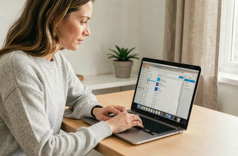 Femme consultant l'historique d'impression sur un MacBook Pro dans un bureau à domicile