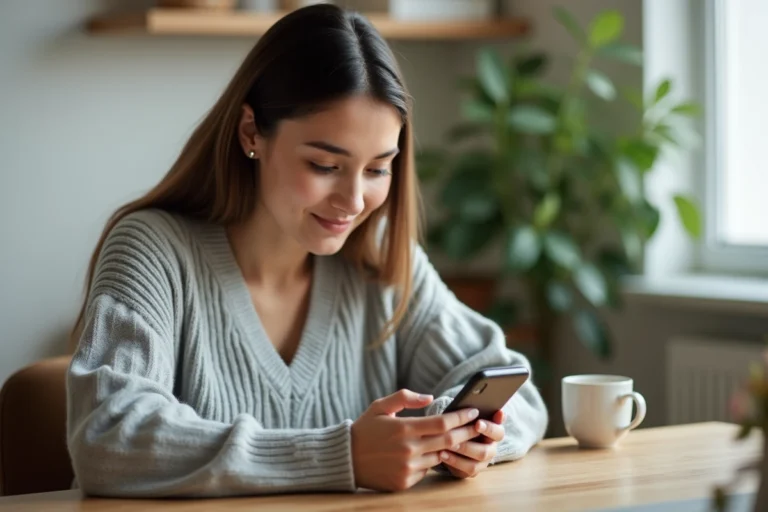 Jeune femme modifiant son adresse de livraison sur l'application Zalando depuis son smartphone à la maison