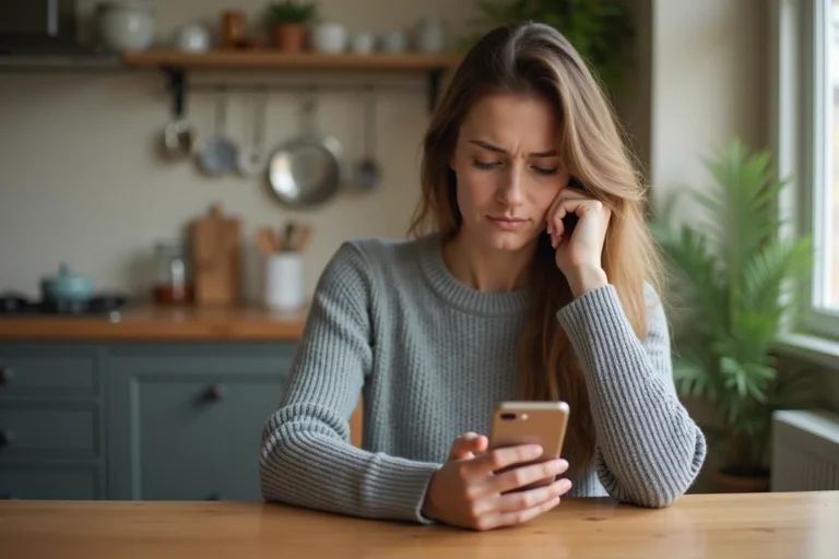 Femme consultant un numéro de téléphone inconnu sur son smartphone dans une cuisine moderne