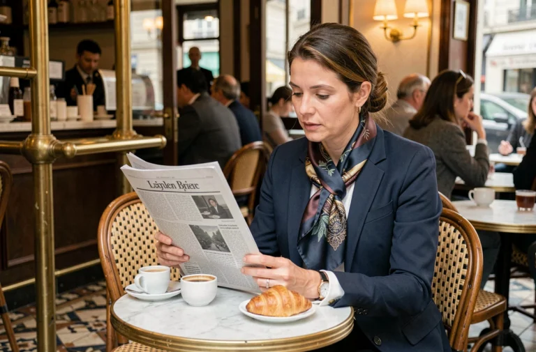 Femme parisienne lisant un journal local dans une brasserie traditionnelle à Paris