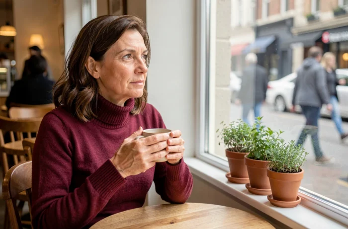 Femme pensive dans un café tenant une tasse de café près d'une fenêtre dans une atmosphère intimiste