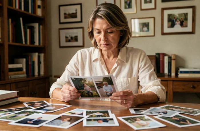 Femme tenant une photographie personnelle dans un bureau intime entouré de souvenirs et de livres
