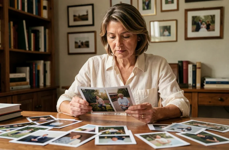 Femme tenant une photographie personnelle dans un bureau intime entouré de souvenirs et de livres