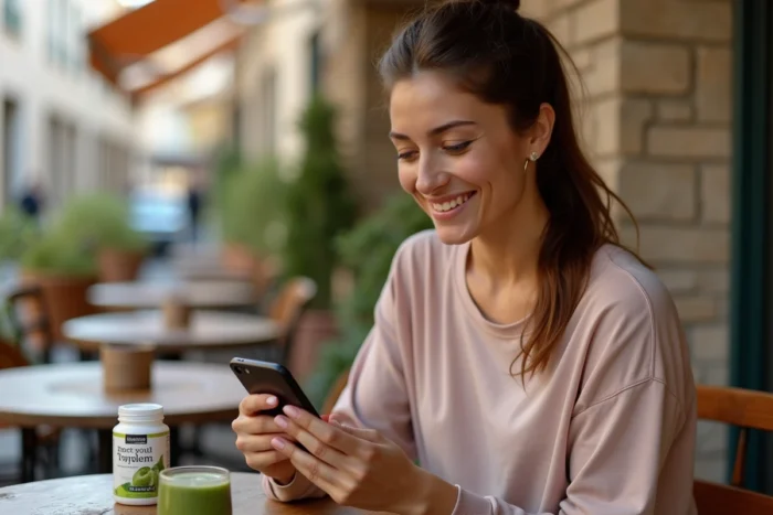 Femme lisant des informations sur un produit minceur en terrasse avec un smoothie vert