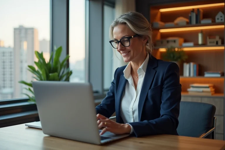 Femme professionnelle consultant des annonces immobilières en ligne sur un ordinateur portable dans un bureau moderne