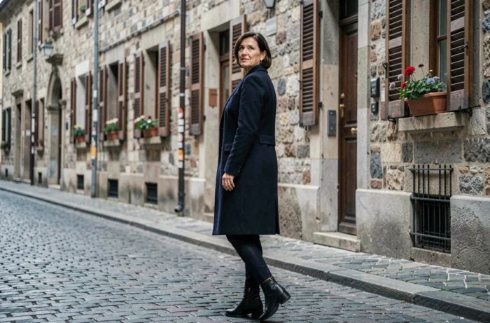 Femme en manteau marine marchant dans une rue pavée européenne avec une expression candide et naturelle