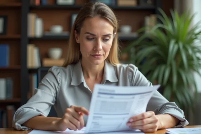 Femme consultant un relevé bancaire papier avec un prélèvement inconnu pointé du doigt