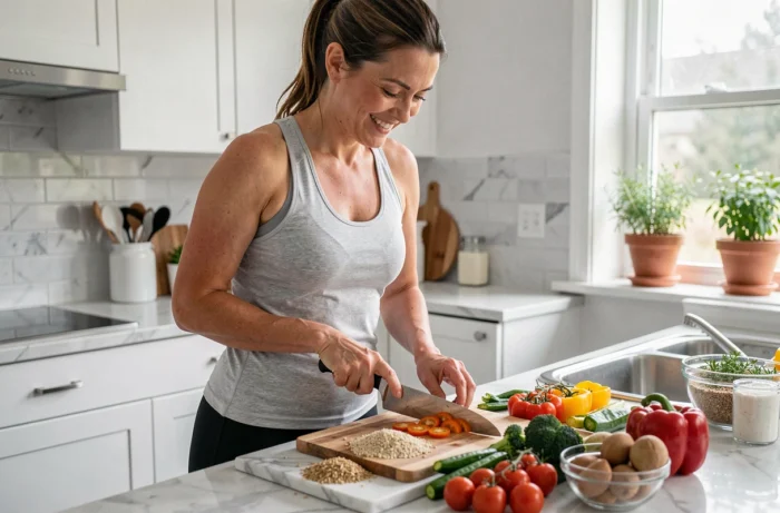 Femme préparant un repas équilibré dans une cuisine moderne pour soutenir sa perte de poids
