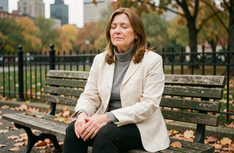 Femme mature assise seule dans un parc urbain en automne, expression sereine illustrant la résilience intérieure et la force de caractère