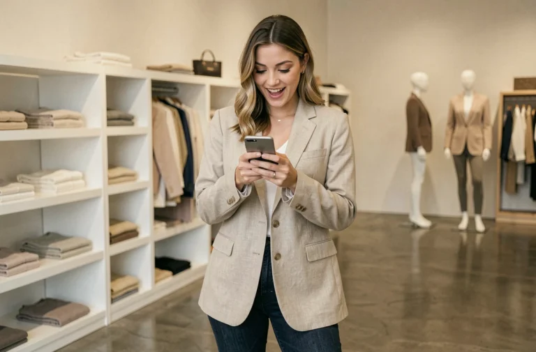 Jeune femme élégante consultant son smartphone dans une boutique moderne pour découvrir les tendances et promotions du moment