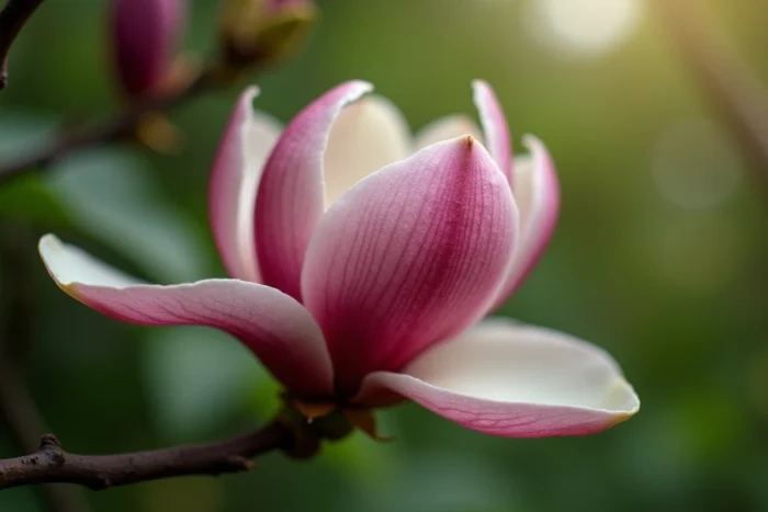 Gros plan sur une fleur de Magnolia Vulcan avec ses pétales bordeaux et son cœur crème, détails botaniques précis