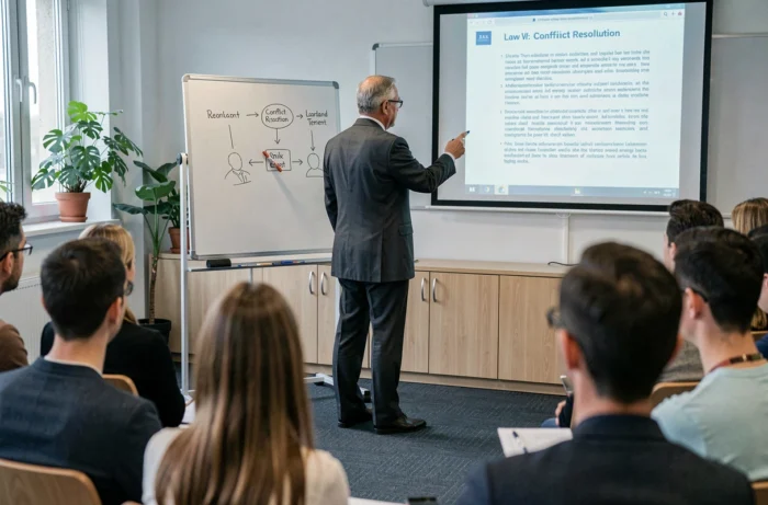 Formateur en gestion des conflits locatifs animant une session de formation ALUR dans une salle de séminaire