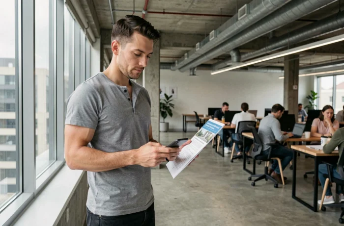 Zelfstandige die een zorgverzekeringsbrochure bekijkt in een coworkingruimte