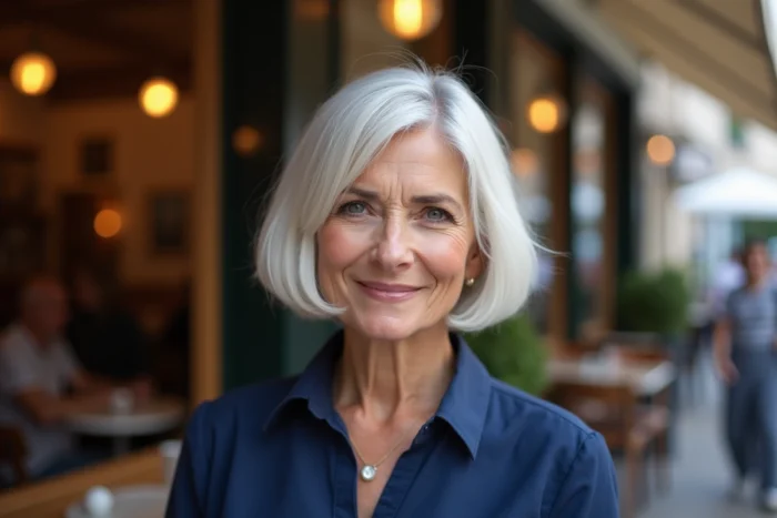 Femme de 70 ans arborant un French Bob au menton avec une frange rideau, cheveux blanc argenté, élégante et parisienne