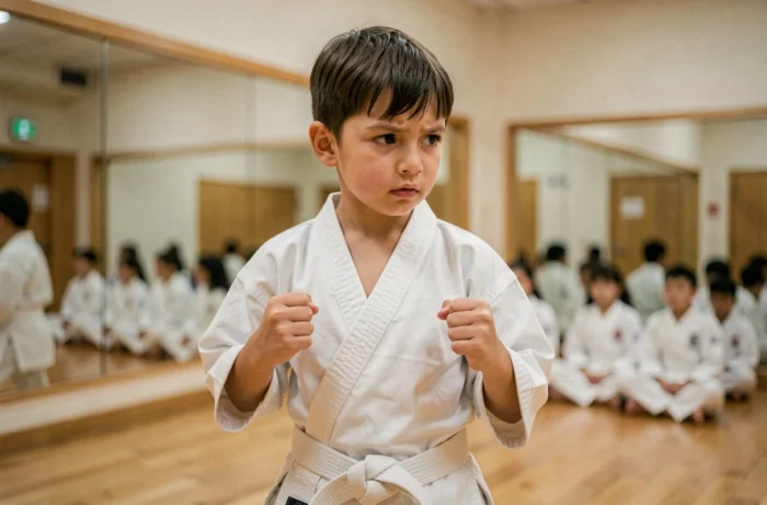Jongentje in een witte kimono dat vechtsporten beoefent in een houten dojo, educatieve sport voor kinderen
