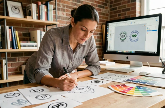 Graphiste créant des esquisses de logo sur un bureau en bois entouré de nuanciers Pantone et de croquis créatifs