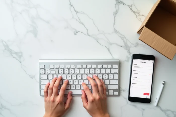 Gros plan sur des mains changeant une adresse de livraison Zalando sur écran avec un colis en arrière-plan