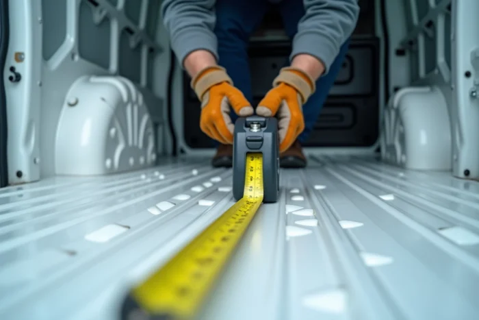 Gros plan d'un mètre ruban métallique mesurant la longueur du plancher intérieur d'un Renault Trafic L1H1 avec des mains gantées en cuir