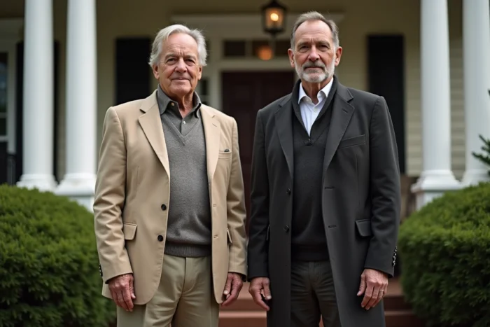 Deux hommes de générations différentes côte à côte devant une maison américaine classique, symbolisant la relation père-fils et l'héritage familial dans le monde du spectacle